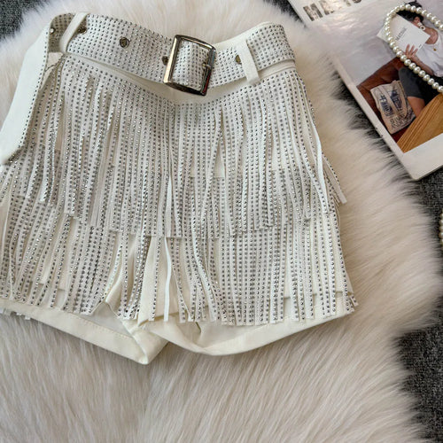 Boutique Wholesale 2025 Summer New Fashionable Retro Tassel Inlaid with Diamonds Sexy Mid Waist Women's Shorts