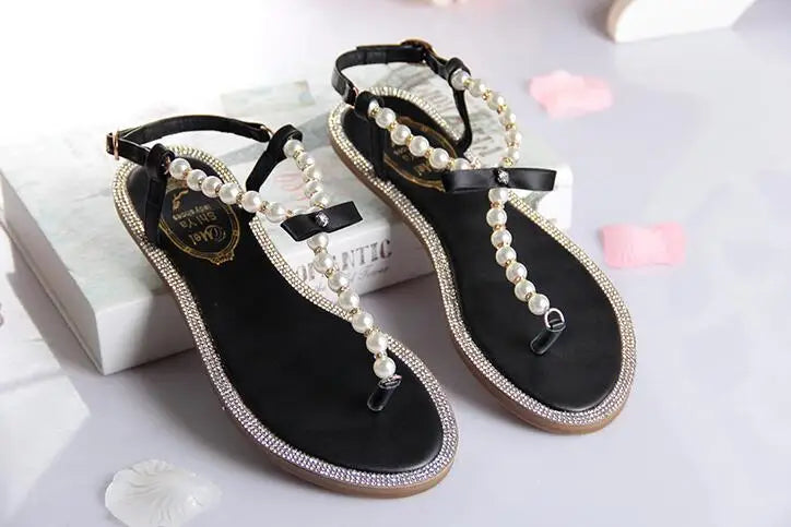 Pearl Sandals women Ladies Summer Bohemia Beach Sandal String Bead Casual Buckle Strap Flat Shoes Open Toe Shoes woman Flip Flop