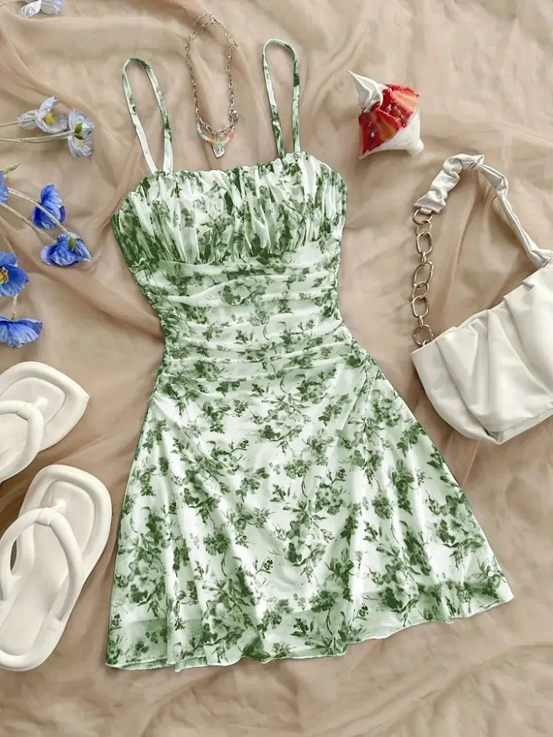 French Style Sweet Empire Waist Floral Strappy Dress Slim Fit Summer Casual Short Skirt