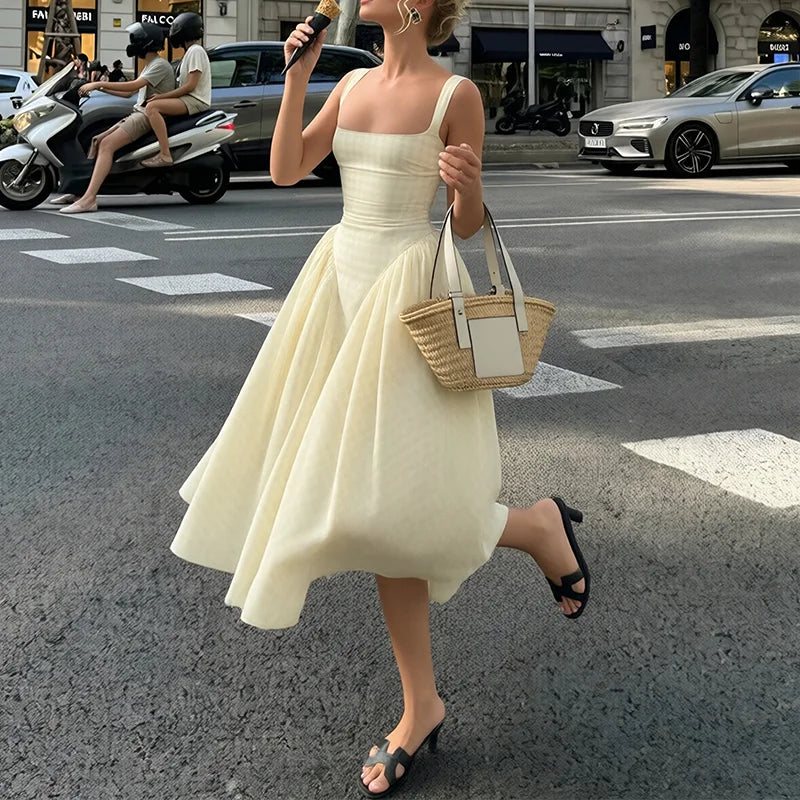2026 New Arrival Women Gingham Midi Dress Spaghetti Strap Square Neck High Waist Flared Skirt Factory Wholesale Fast Shipping