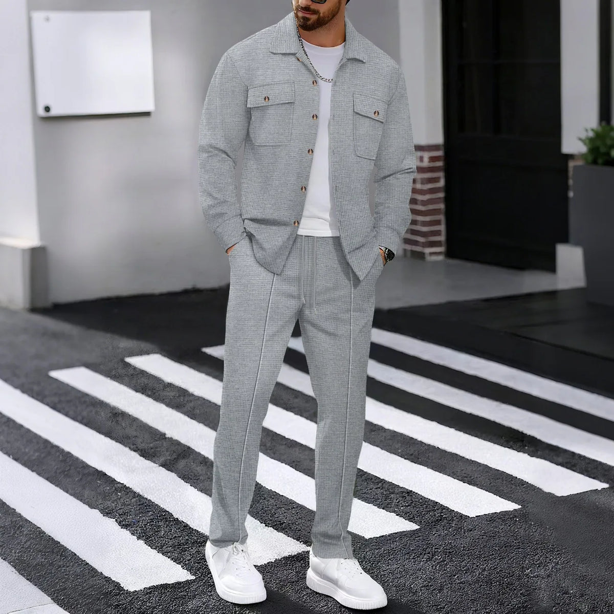 Autumn New Style High-quality Breathable Men's Waffle Long-Sleeved Pants Casual Double-Pocket Workwear Jacket Set
