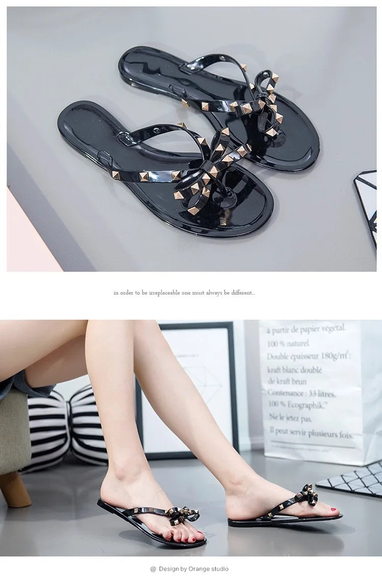 New Rivet Bow Sandals and Slippers Summer Transparent Crystal Shoes Women Outdoor Flip Flops