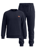 Soft Warm Jacquard Fleece Crew Neck Drawstring 2 Piece Men Long Sleeve Daily Training Tracksuit Set