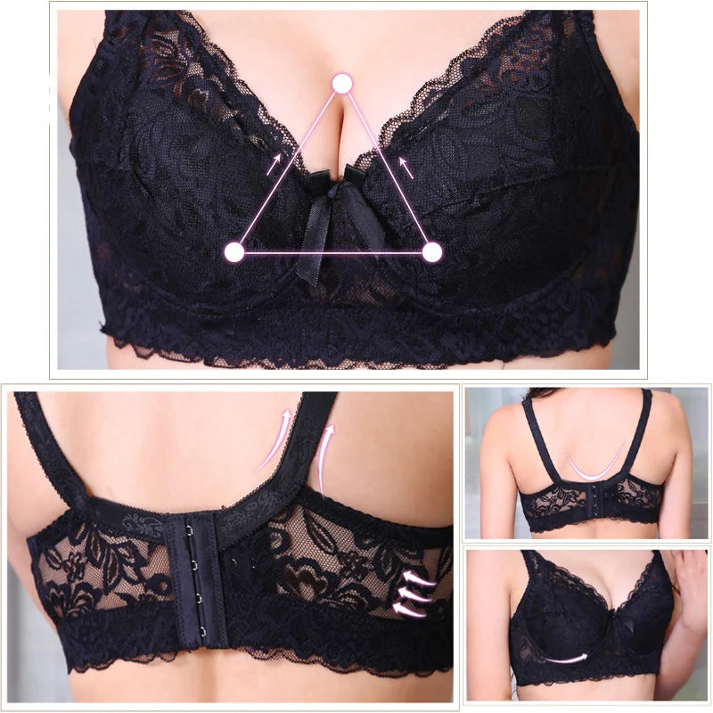 Women Push Up Black Lingerei Sexy Bra Underwire Thin Cotton Padded Lace Sheer Minimizer Bra Big Bust 80-115 B C D Cup Bra C3306