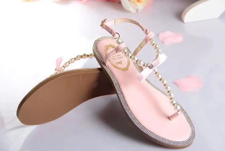 Pearl Sandals women Ladies Summer Bohemia Beach Sandal String Bead Casual Buckle Strap Flat Shoes Open Toe Shoes woman Flip Flop