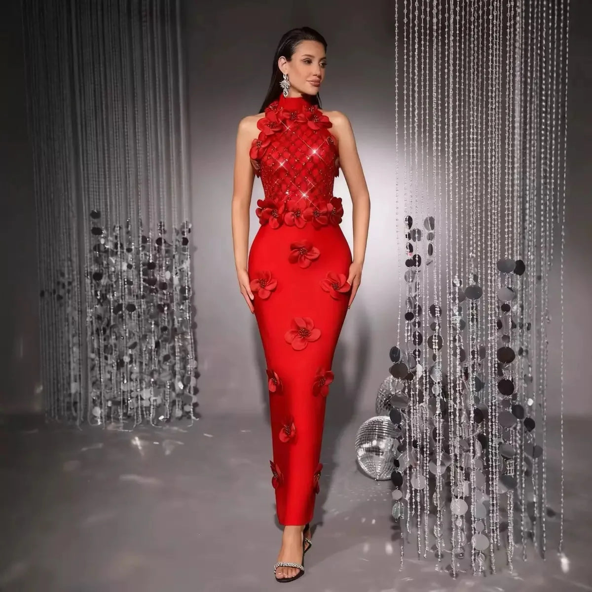 Custom 3D Flower Halter Gown Sequin-Diamond Bodice Pearl-Center Column Floor-Length Ballroom Evening Dress Adult Red Black White