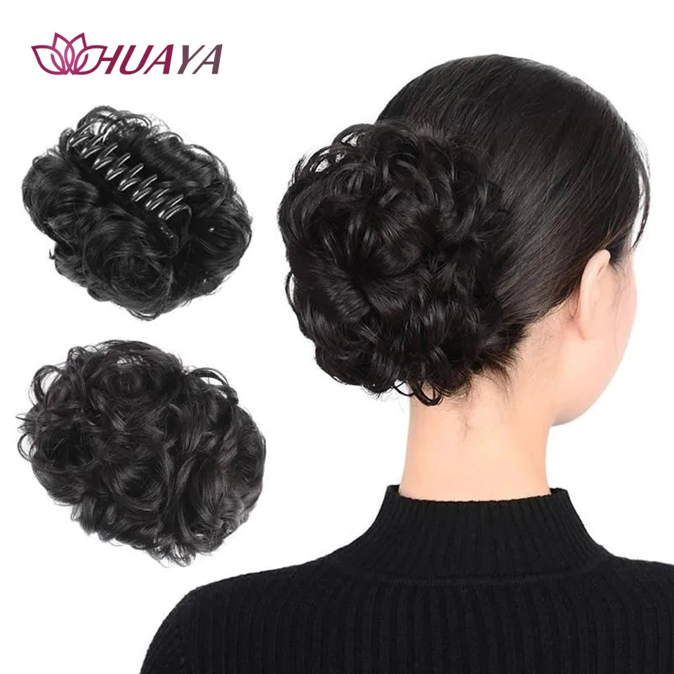 HUAYA Messy Curly Short Synthetic Hair Extension Chignon Donut Roller Bun Wig Claw Clip In Hairpiece for Women