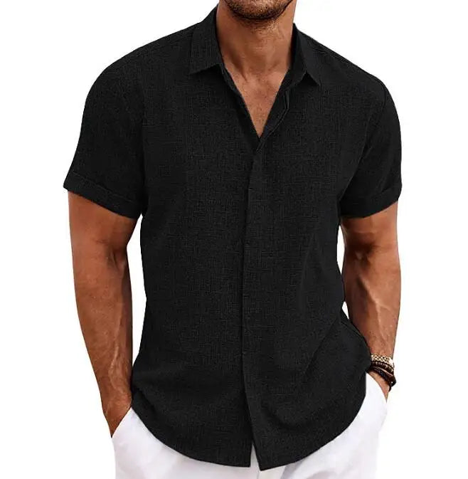 Summer New Men's Solid Shirt Casual Style White Short Sleeve Blouse Men Cotton Linen Knitted Formal Shirt for Adult