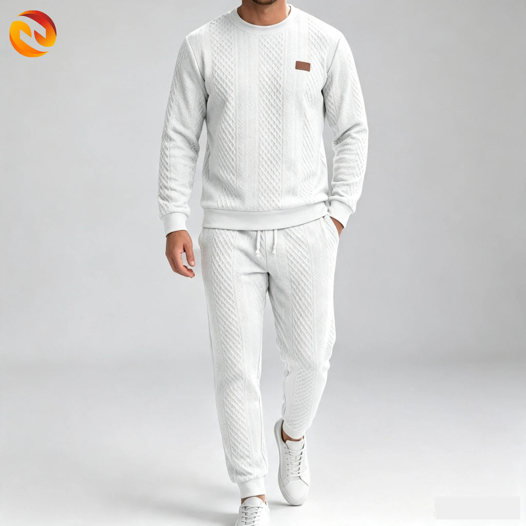 Soft Warm Jacquard Fleece Crew Neck Drawstring 2 Piece Men Long Sleeve Daily Training Tracksuit Set