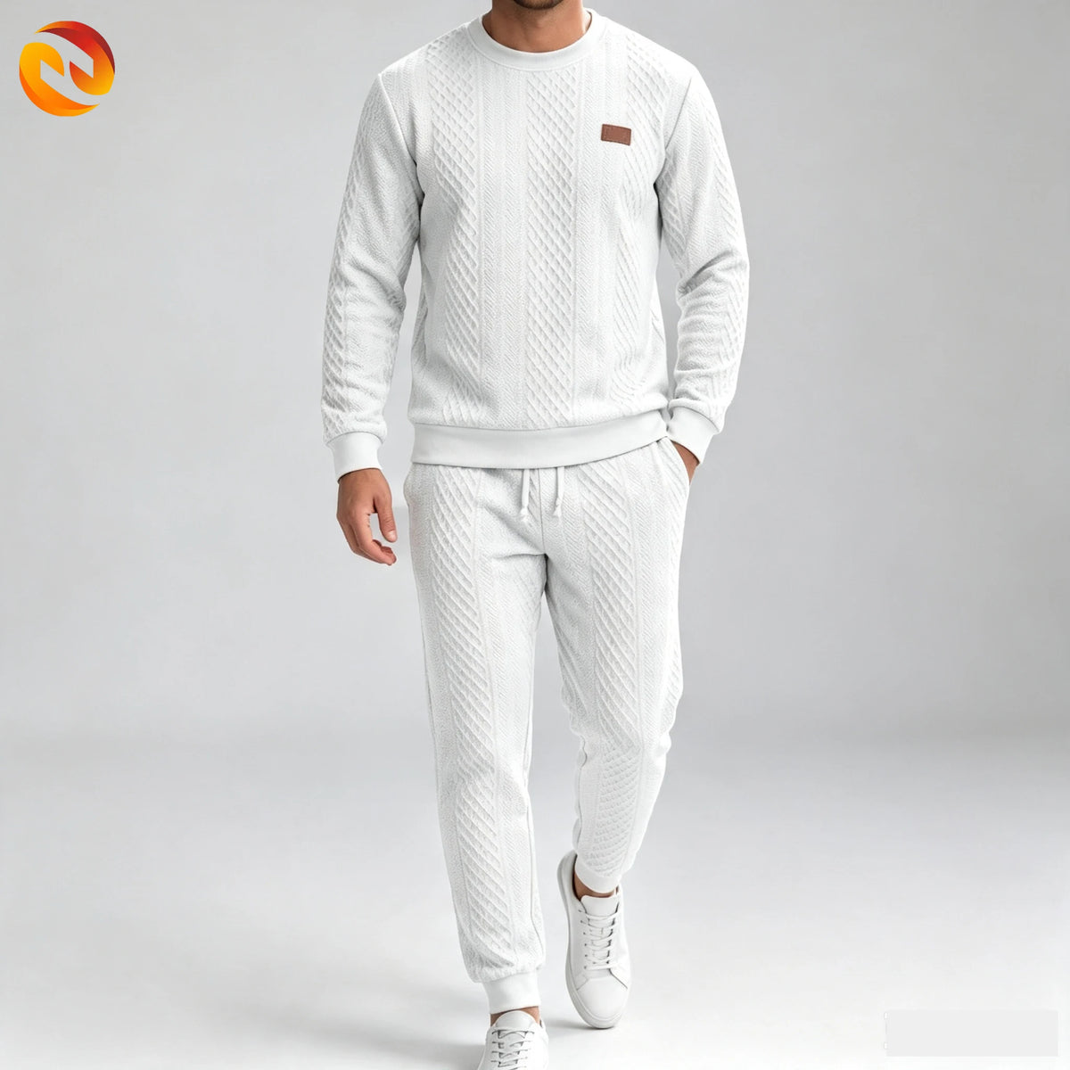 Soft Warm Jacquard Fleece Crew Neck Drawstring 2 Piece Men Long Sleeve Daily Training Tracksuit Set