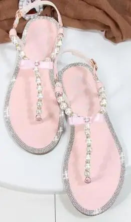 Pearl Sandals women Ladies Summer Bohemia Beach Sandal String Bead Casual Buckle Strap Flat Shoes Open Toe Shoes woman Flip Flop