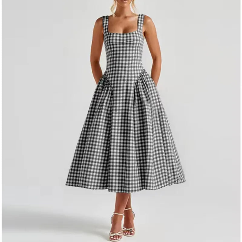 2026 Summer Women Elegant Solid Square Neck Smocked Bodycon Eco-Friendly Breathable Party Midi Dress for European American