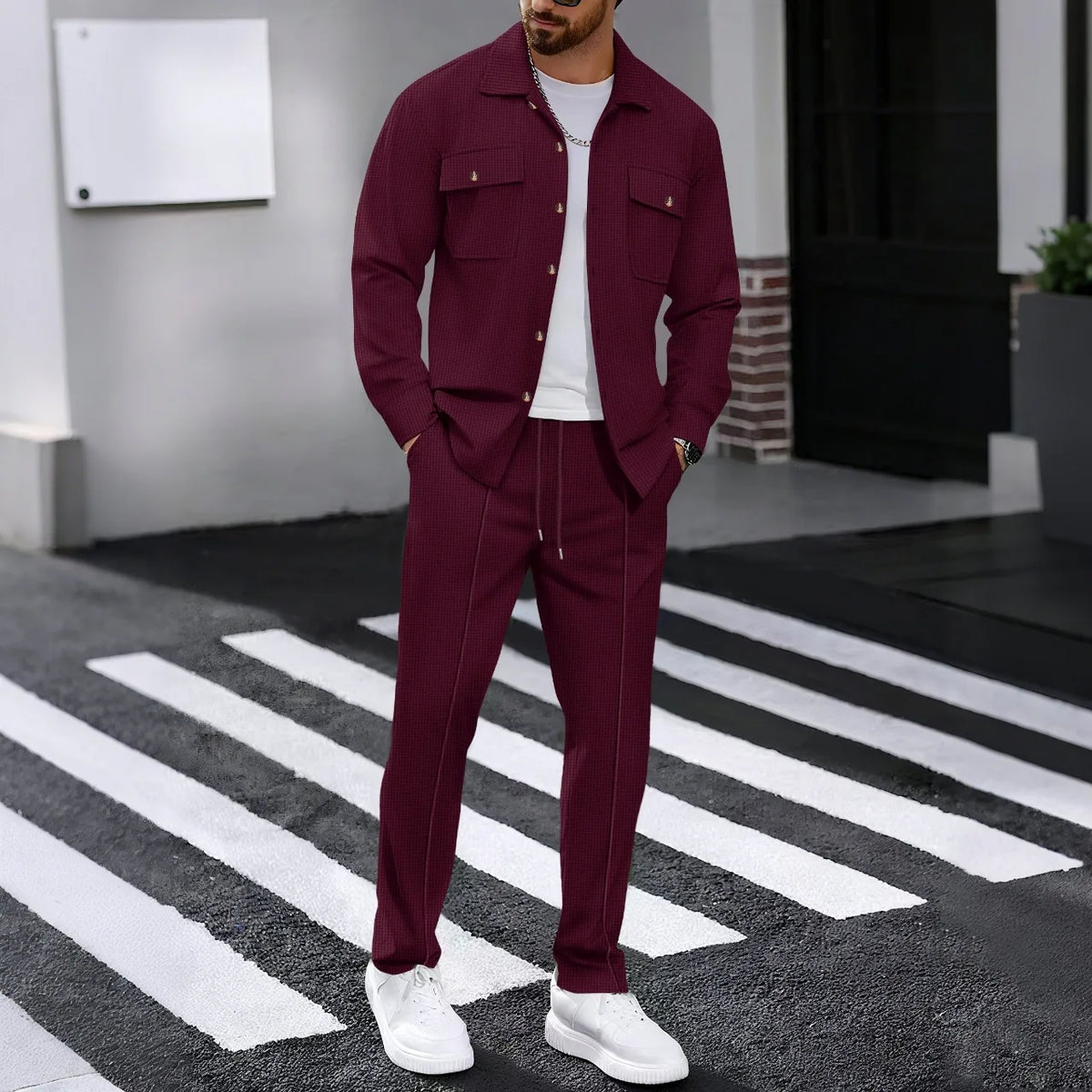 Autumn New Style High-quality Breathable Men's Waffle Long-Sleeved Pants Casual Double-Pocket Workwear Jacket Set