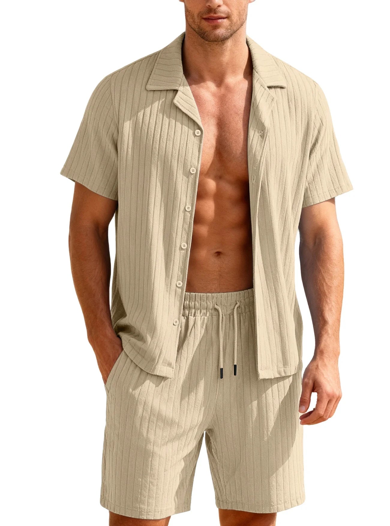 Commuting Casual Buttoned Shirt Short Suits Sleeve Men's Vacation Beach Short Summer Summer Tracksuits Cardigan Shorts Sets