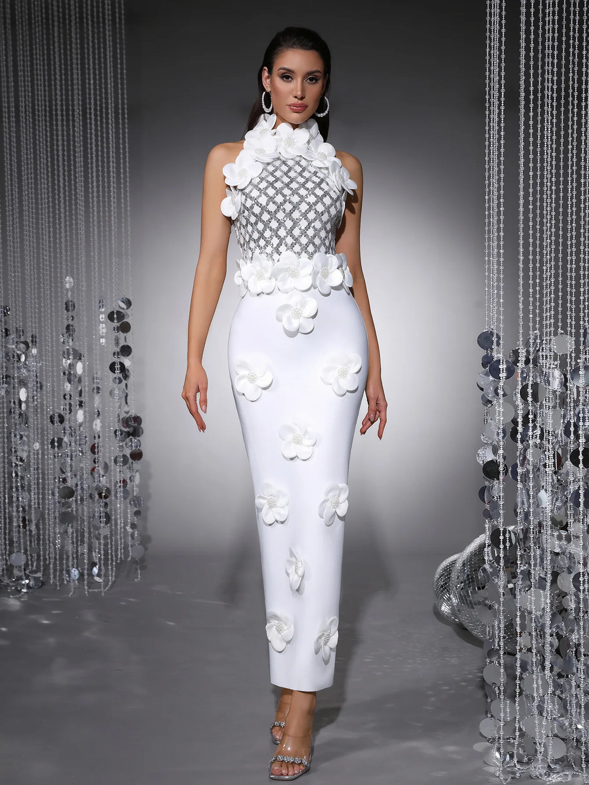 Custom 3D Flower Halter Gown Sequin-Diamond Bodice Pearl-Center Column Floor-Length Ballroom Evening Dress Adult Red Black White