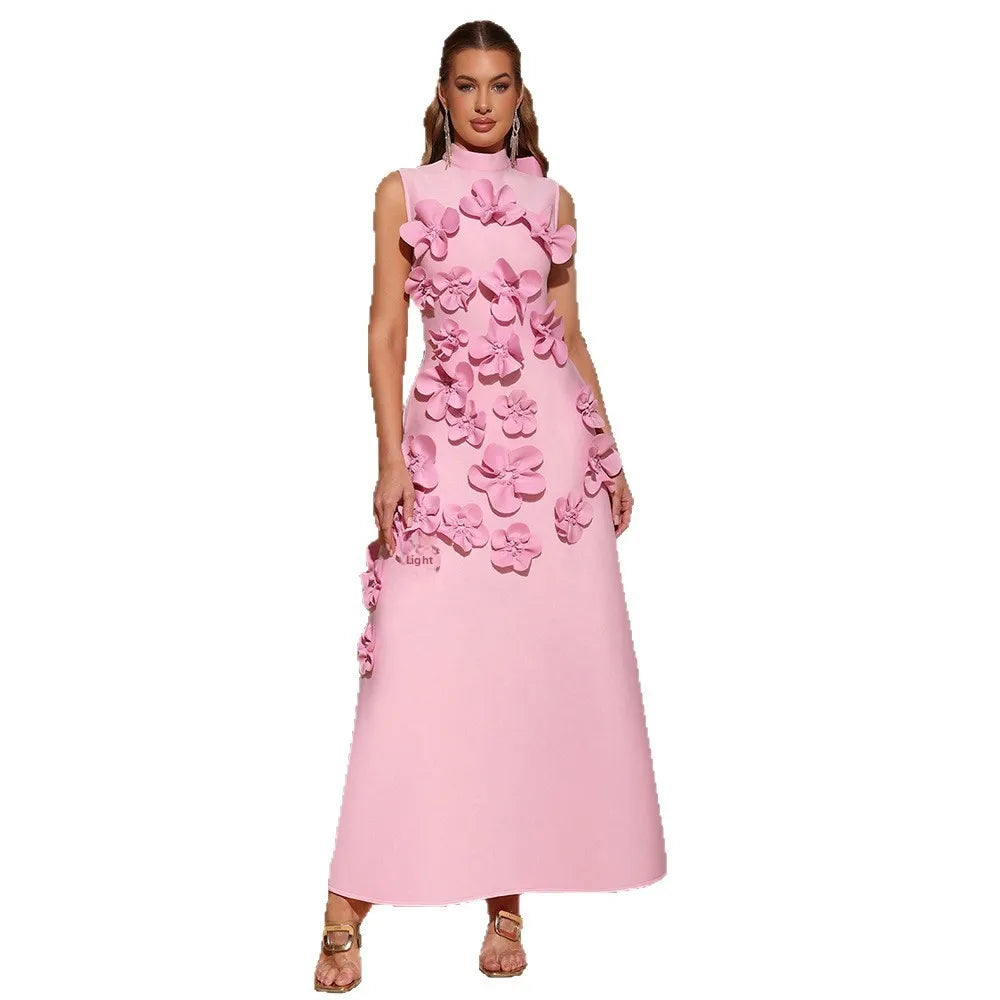 2026 New French pink Sleeveless Three-dimensional Floral A-line Maxi Dress Arrival Panelled Stand Collar Evening Dress