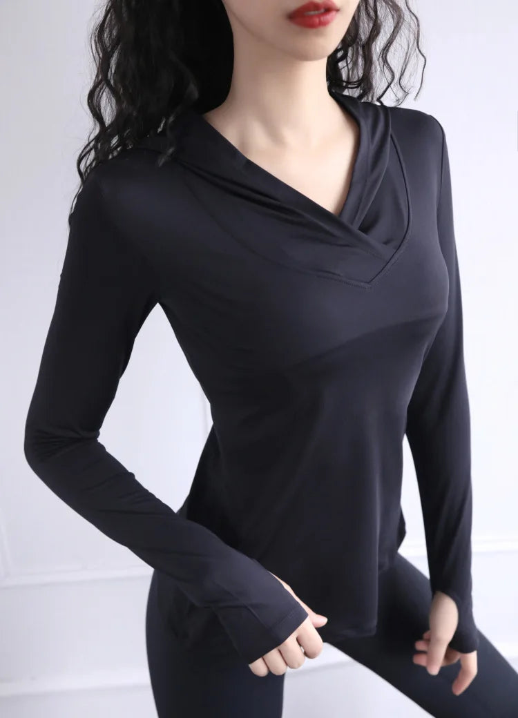 Women Back Forked Yoga Shirt Long Sleeve Thumb Hole Running T-shirt Mesh Breathable Sport Hoodies Fitness Top Gym Workout Blouse