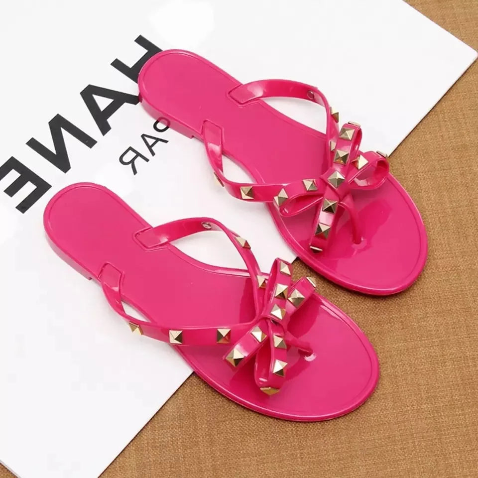 New Rivet Bow Sandals and Slippers Summer Transparent Crystal Shoes Women Outdoor Flip Flops