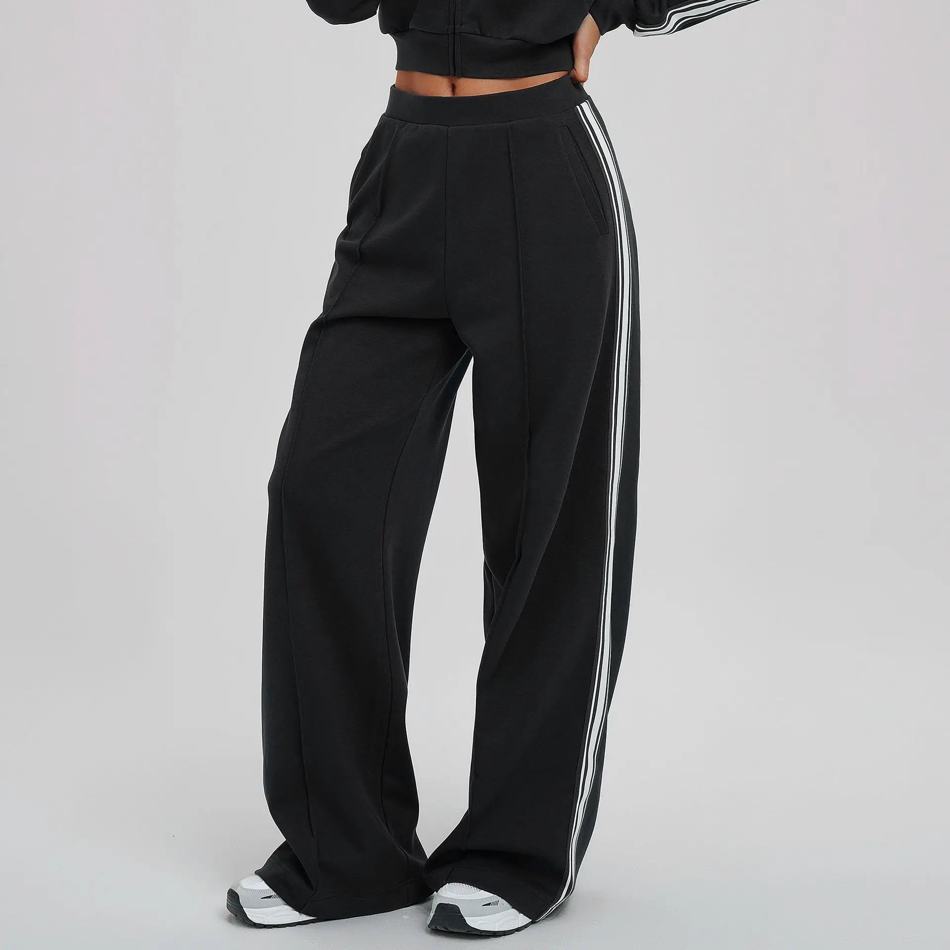 Women Casual Autumn Spring Solid Lace Sports 2-Piece Set Stand Neck Crop Top Full Sleeve High Waist Elastic Waist Pants