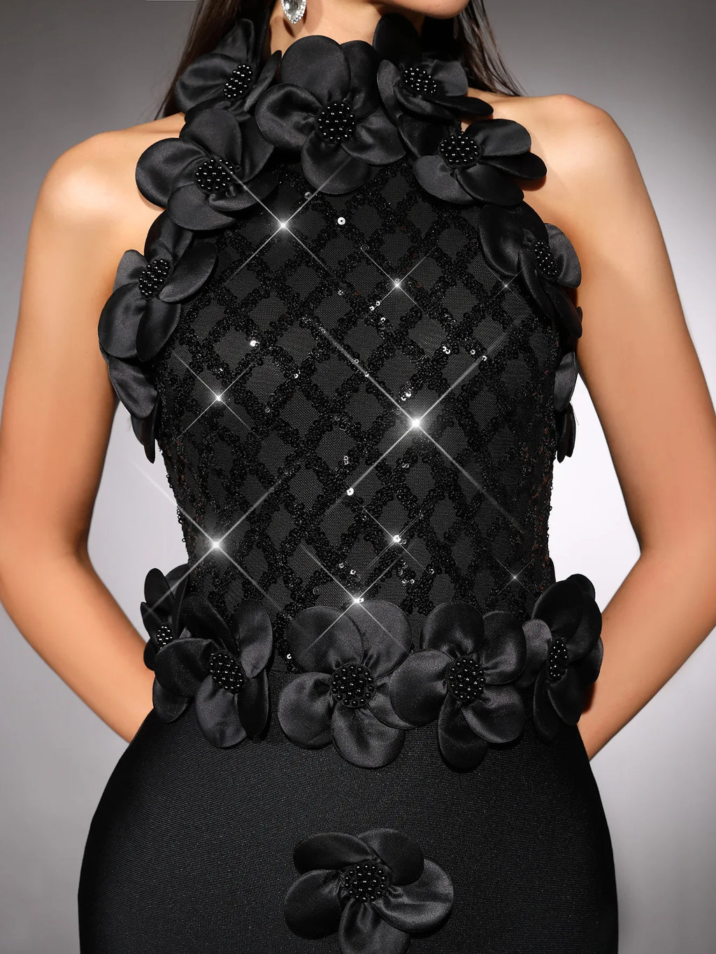 Custom 3D Flower Halter Gown Sequin-Diamond Bodice Pearl-Center Column Floor-Length Ballroom Evening Dress Adult Red Black White