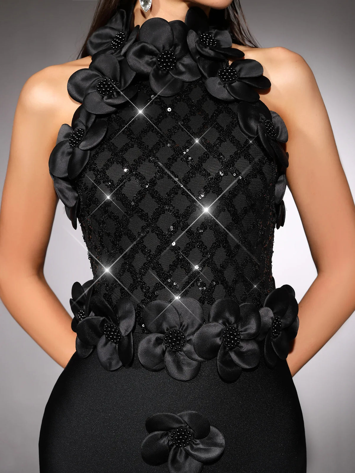 Custom 3D Flower Halter Gown Sequin-Diamond Bodice Pearl-Center Column Floor-Length Ballroom Evening Dress Adult Red Black White