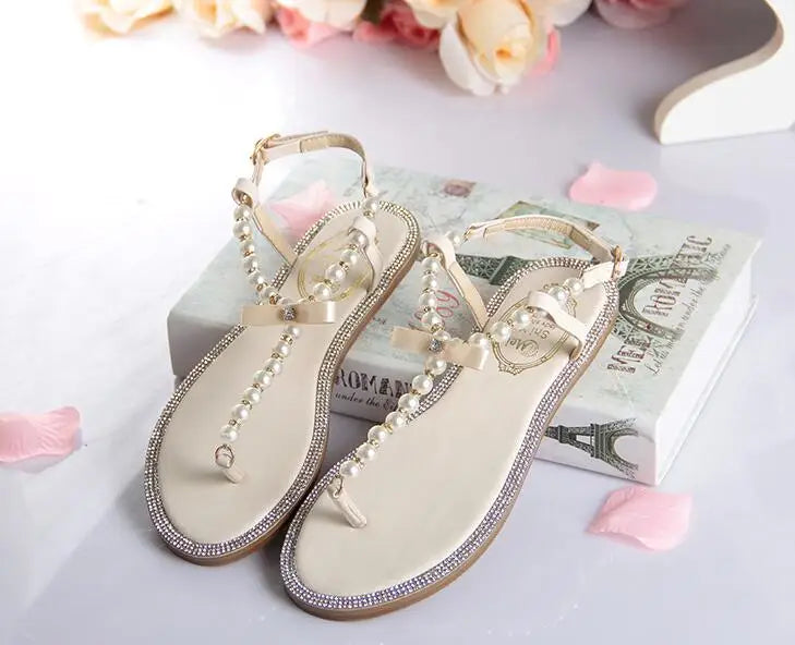 Pearl Sandals women Ladies Summer Bohemia Beach Sandal String Bead Casual Buckle Strap Flat Shoes Open Toe Shoes woman Flip Flop