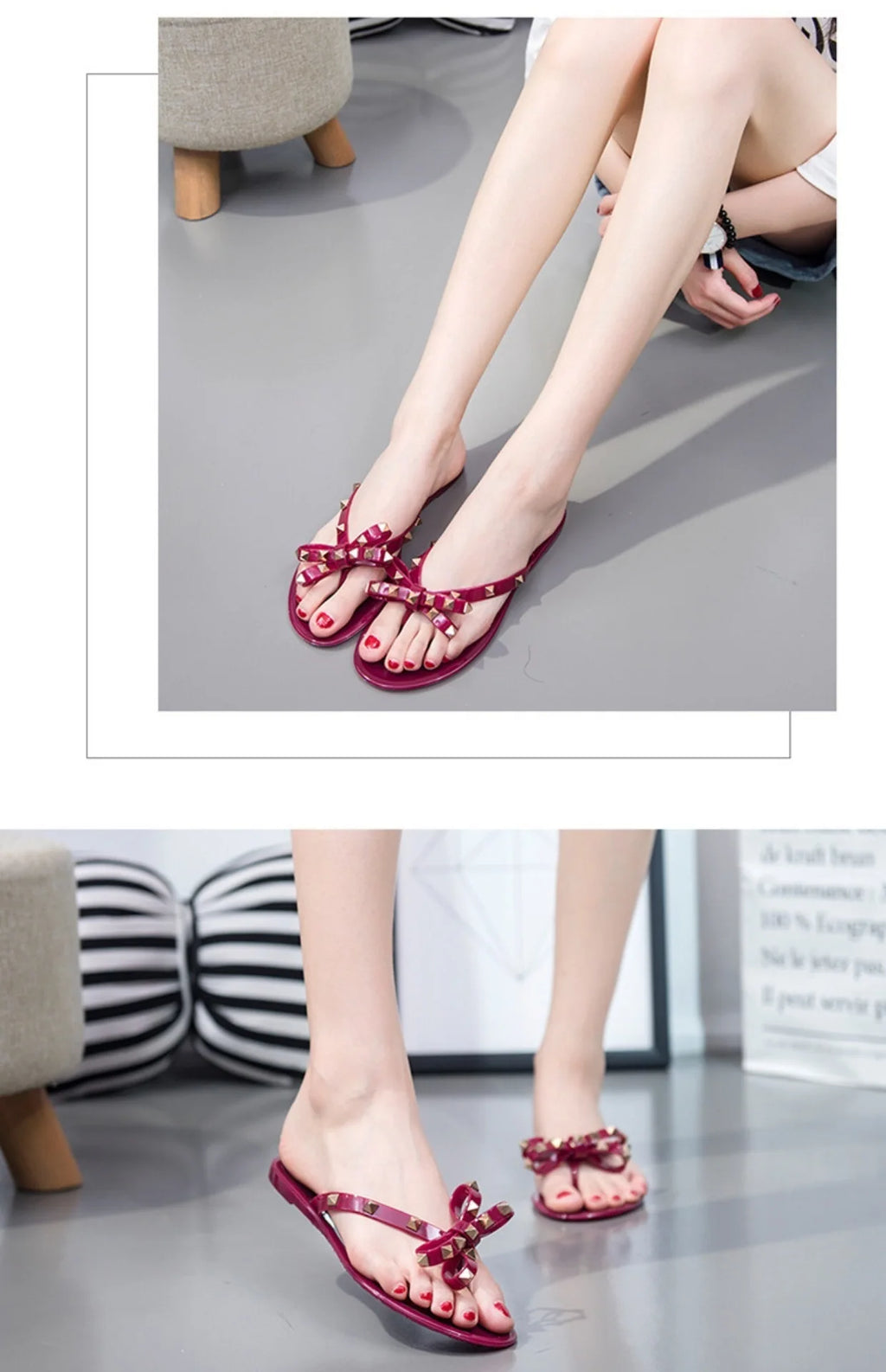 New Rivet Bow Sandals and Slippers Summer Transparent Crystal Shoes Women Outdoor Flip Flops