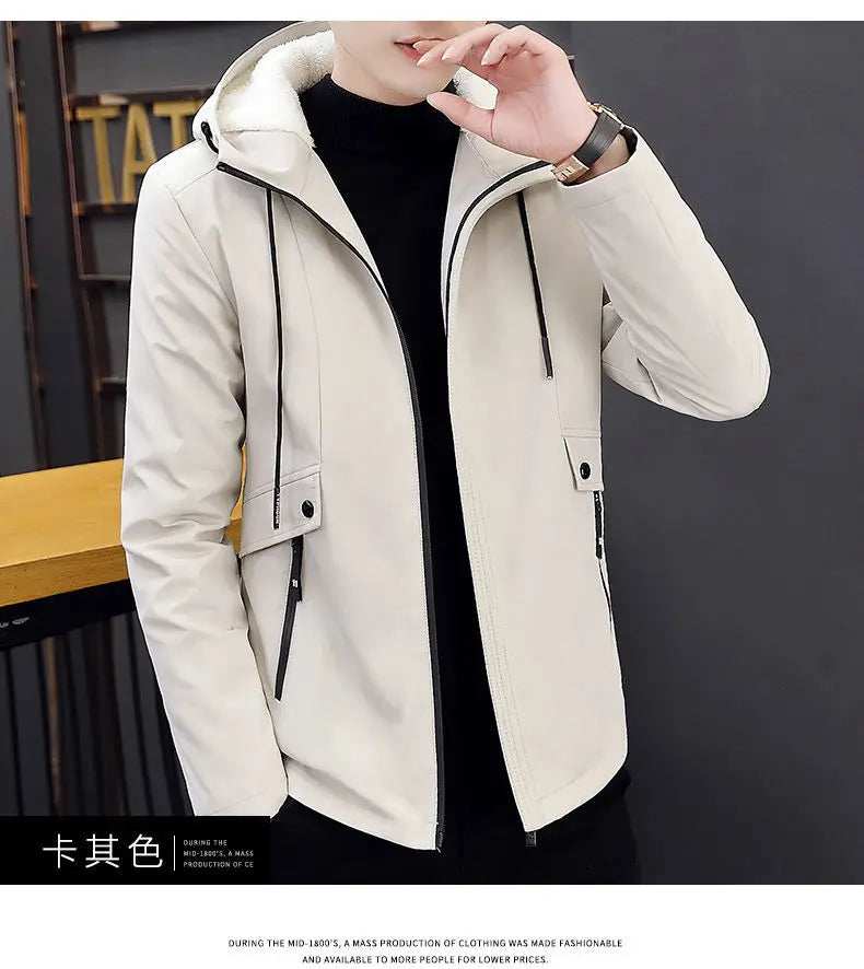 New Trench Coat Men's Solid Color Hooded Jacket Young and Middle-Aged Korean Style Slim Fit Jacket Casual Long Tops Parkas Coats