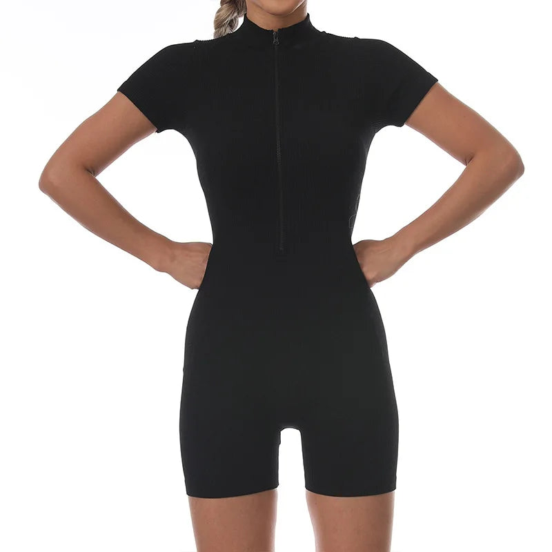 2024 High Quality New Summer Zipper Short Sleeve Yoga Jumpsuit Female Dance Fitness Bodyfitting Exercise Jumpsuit