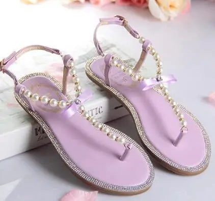 Pearl Sandals women Ladies Summer Bohemia Beach Sandal String Bead Casual Buckle Strap Flat Shoes Open Toe Shoes woman Flip Flop