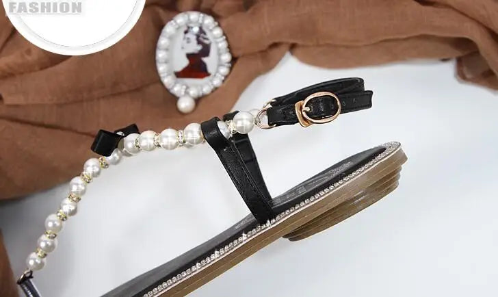 Pearl Sandals women Ladies Summer Bohemia Beach Sandal String Bead Casual Buckle Strap Flat Shoes Open Toe Shoes woman Flip Flop