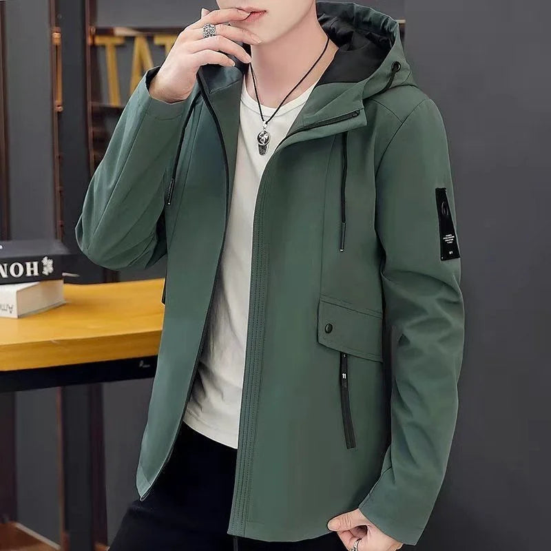 New Trench Coat Men's Solid Color Hooded Jacket Young and Middle-Aged Korean Style Slim Fit Jacket Casual Long Tops Parkas Coats