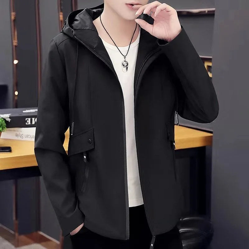 New Trench Coat Men's Solid Color Hooded Jacket Young and Middle-Aged Korean Style Slim Fit Jacket Casual Long Tops Parkas Coats