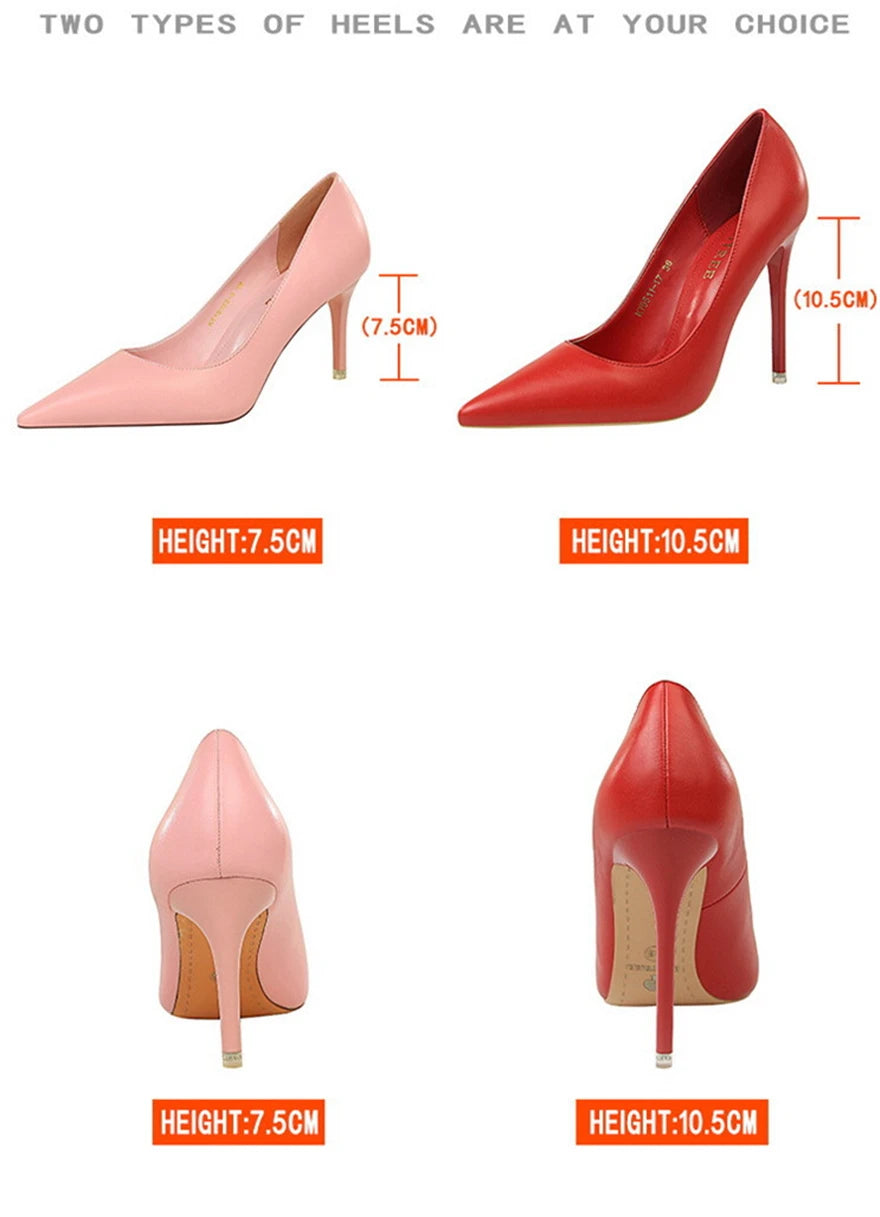 Soft Leather Concise High Heels 7.5/10.5cm Shoes Fashion Women Pumps Pointed Toe Slip On Candy Colors Office Woman Wedding Shoes
