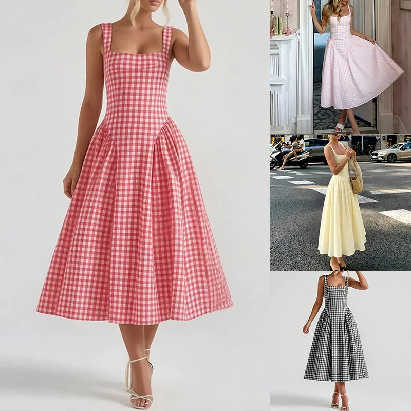2026 New Arrival Women Gingham Midi Dress Spaghetti Strap Square Neck High Waist Flared Skirt Factory Wholesale Fast Shipping