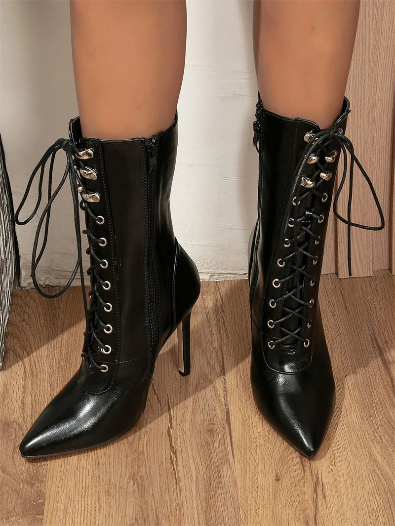 Autumn Winter Women Ankle Boots Sexy Pointed Toe Pole Dance High Heels Pumps Fashion Zip Lace-Up Chelsea Shoes Female Size 35-43