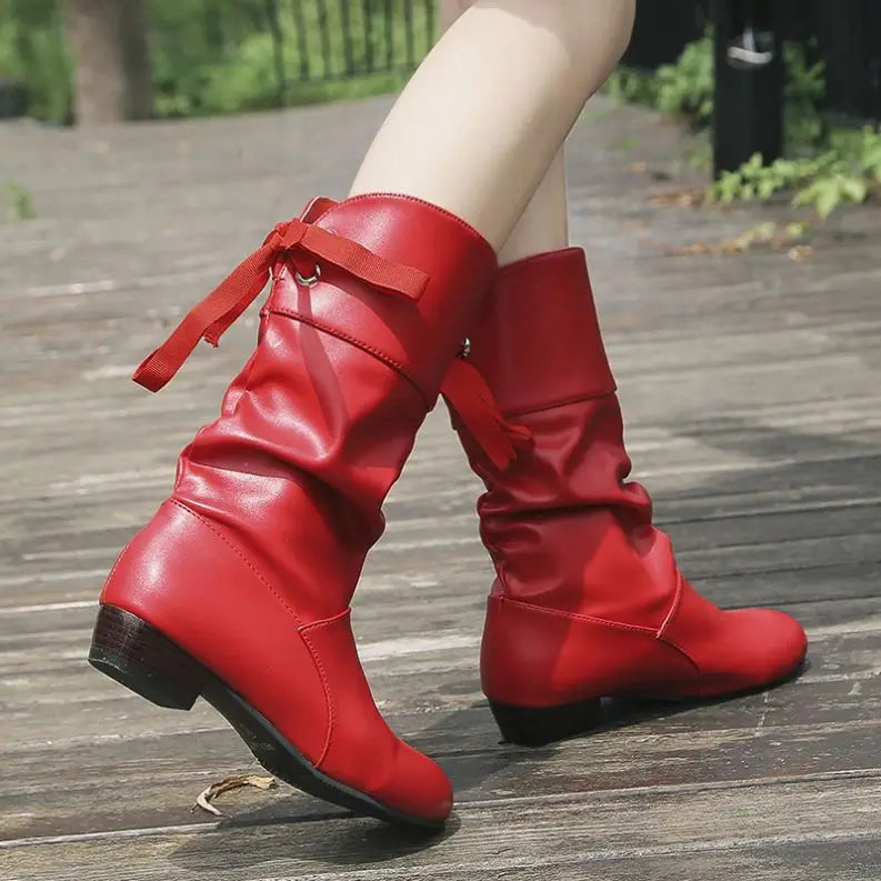 Nuo Large Size Mid-Calf Riding Boots for Women Low Heel Lace Closure Solid Warm
