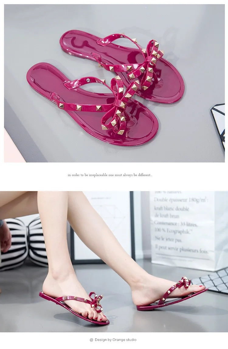 New Rivet Bow Sandals and Slippers Summer Transparent Crystal Shoes Women Outdoor Flip Flops