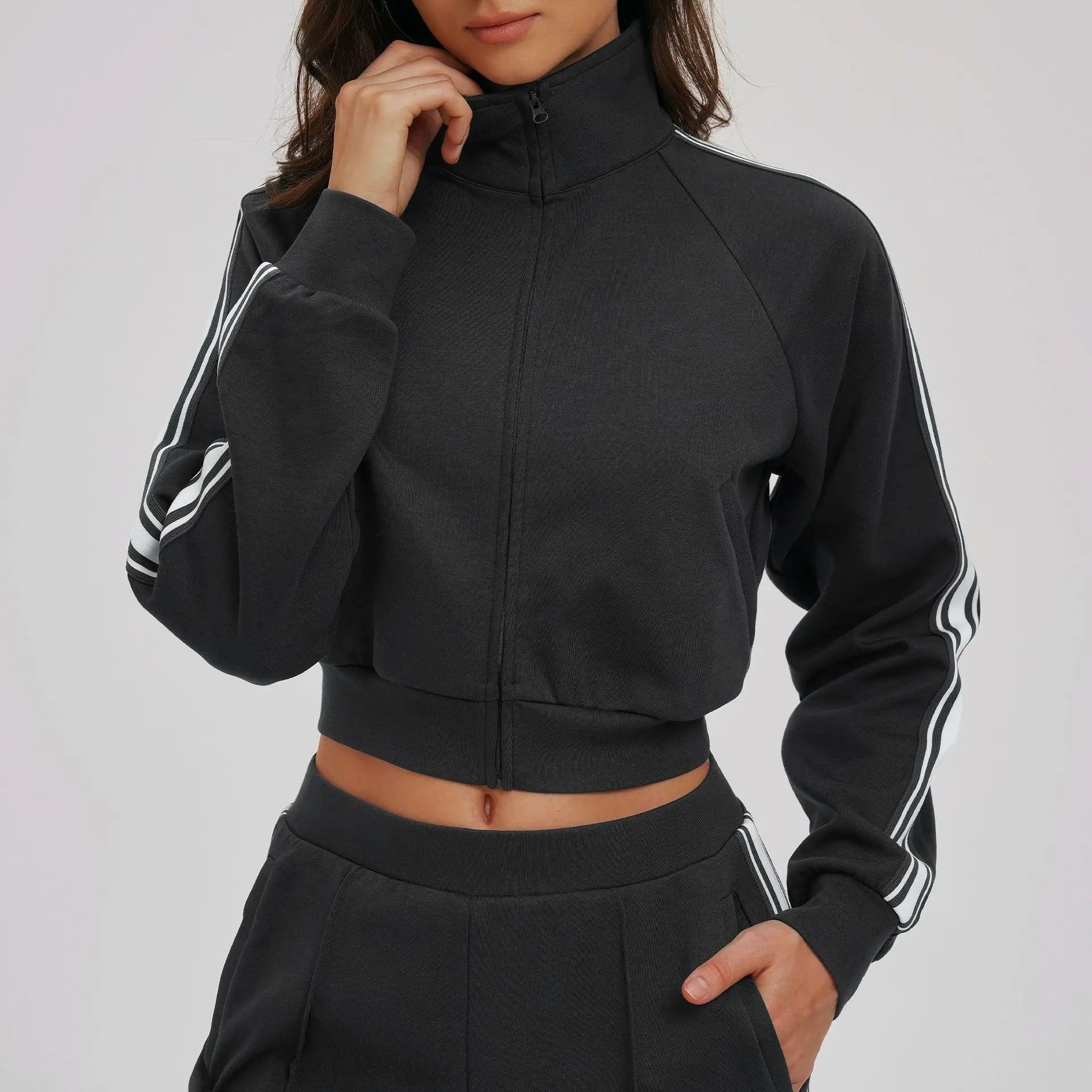 Women Casual Autumn Spring Solid Lace Sports 2-Piece Set Stand Neck Crop Top Full Sleeve High Waist Elastic Waist Pants