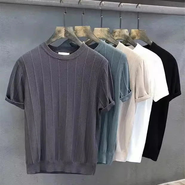 Knitted T-Shirt for Men, Summer New Round Neck T-Shirt, Short Sleeve, Thin Korean Style Base Shirt, Stylish Knit Top