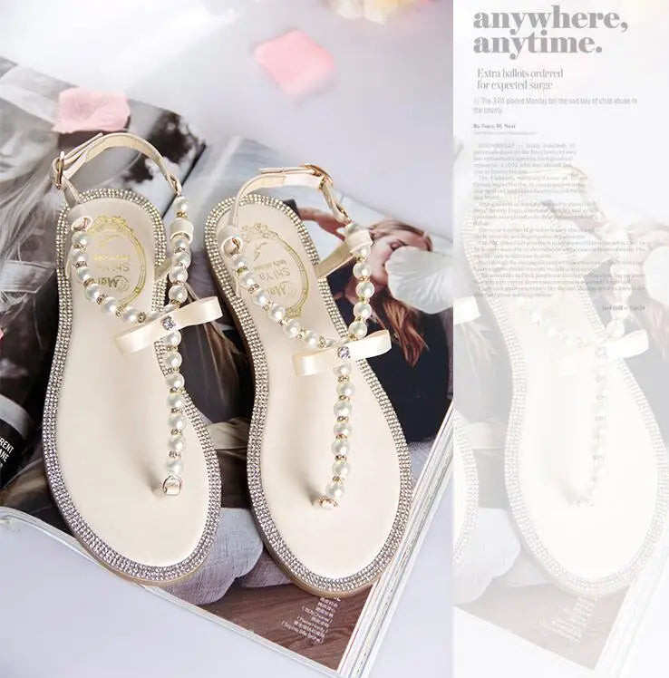Pearl Sandals women Ladies Summer Bohemia Beach Sandal String Bead Casual Buckle Strap Flat Shoes Open Toe Shoes woman Flip Flop