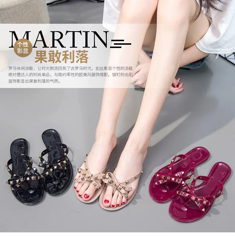 New Rivet Bow Sandals and Slippers Summer Transparent Crystal Shoes Women Outdoor Flip Flops