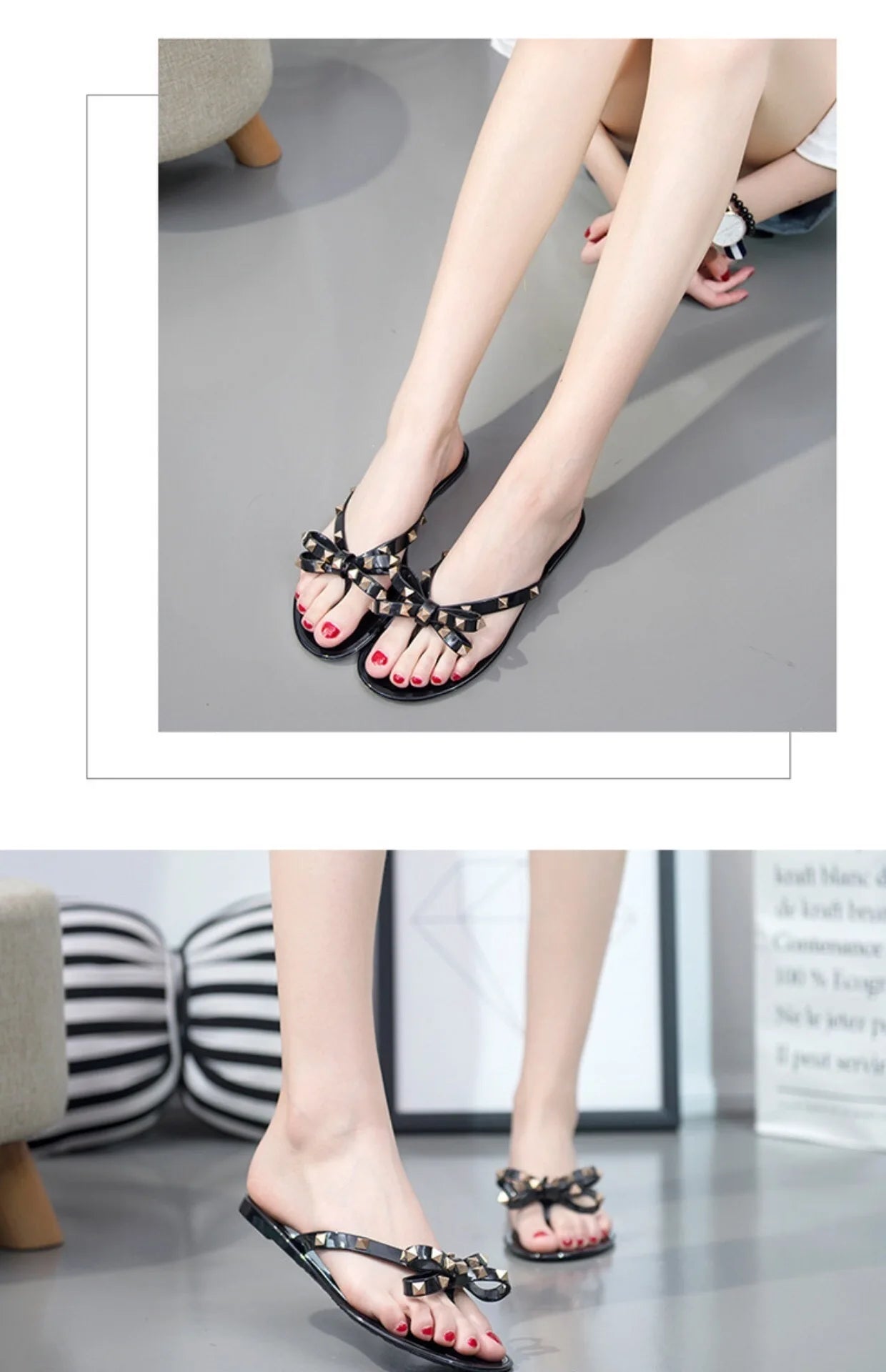 New Rivet Bow Sandals and Slippers Summer Transparent Crystal Shoes Women Outdoor Flip Flops