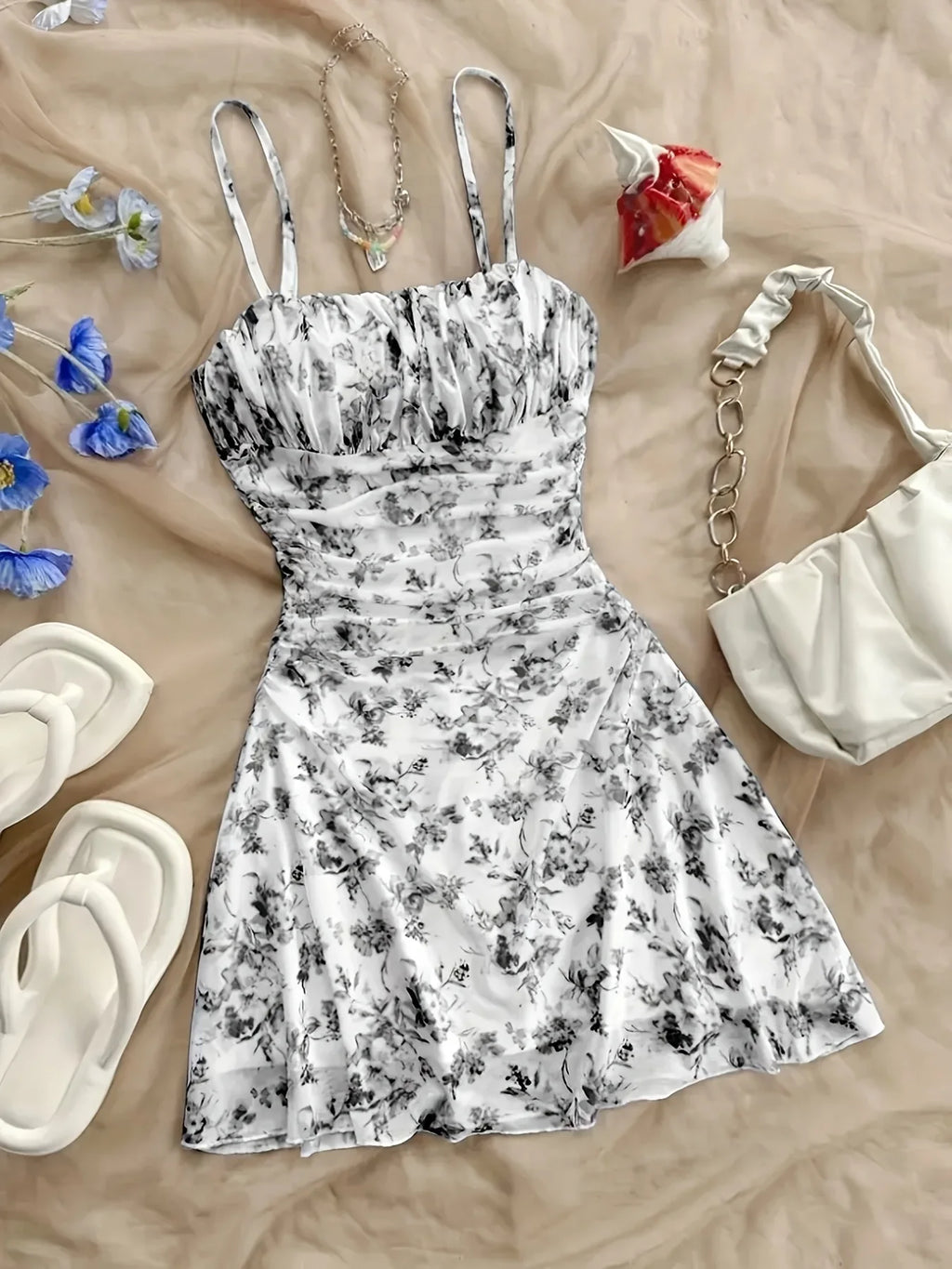 French Style Sweet Empire Waist Floral Strappy Dress Slim Fit Summer Casual Short Skirt