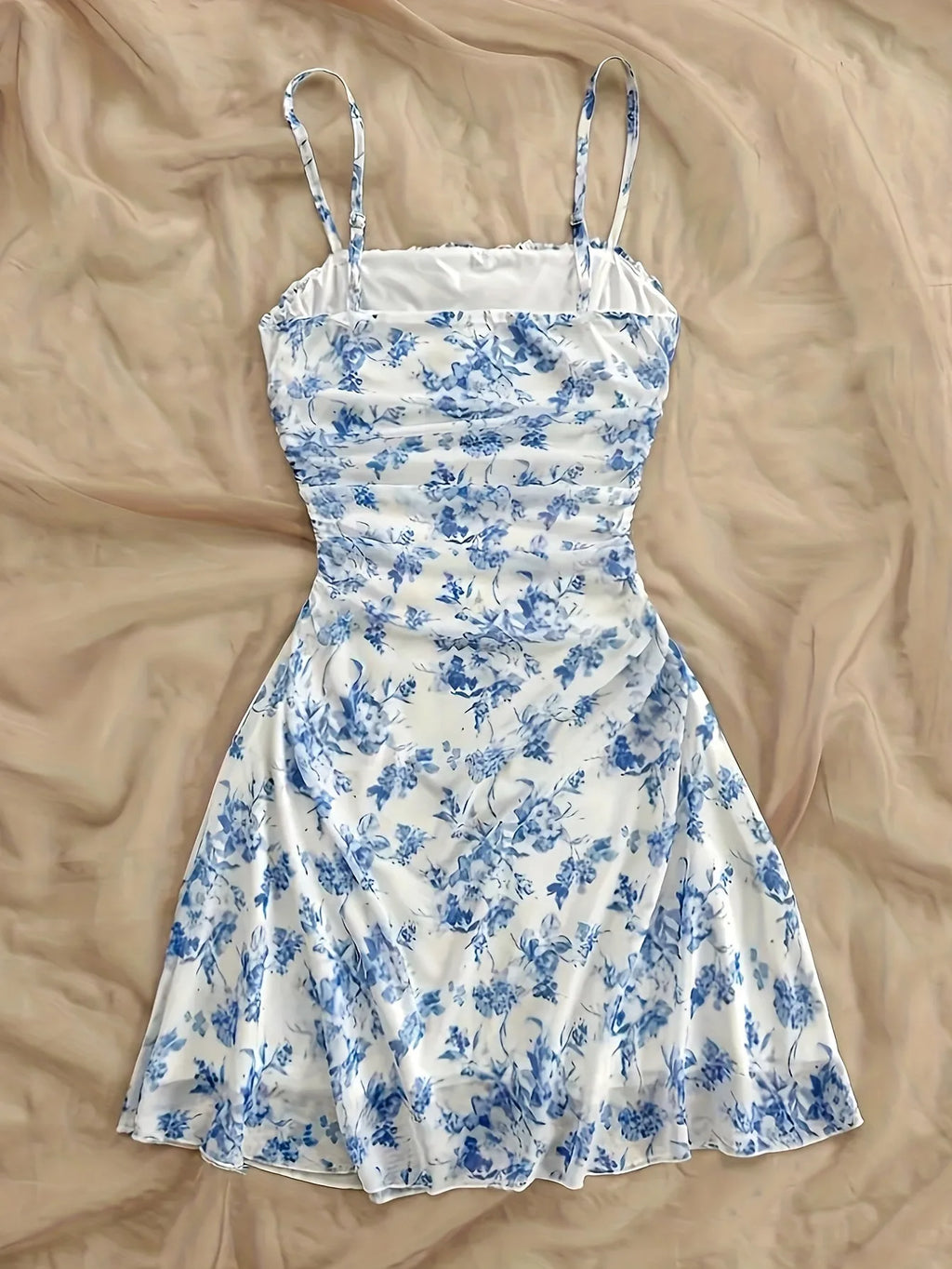French Style Sweet Empire Waist Floral Strappy Dress Slim Fit Summer Casual Short Skirt