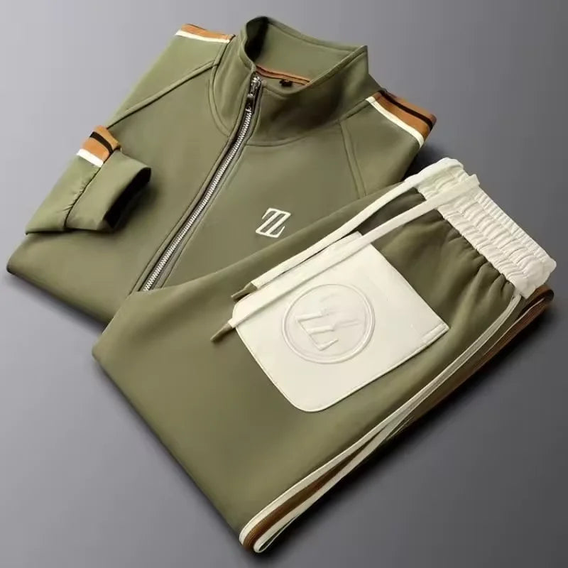 Men's Autumn Stand Collar Casual Sports Suit Knitted Machine Embroidery Long-Sleeve Straight-Leg Pants Trendy Fashionable Set