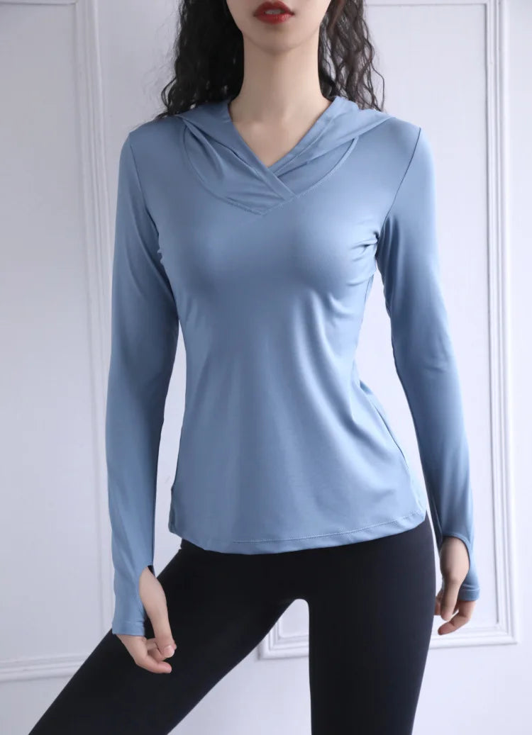 Women Back Forked Yoga Shirt Long Sleeve Thumb Hole Running T-shirt Mesh Breathable Sport Hoodies Fitness Top Gym Workout Blouse
