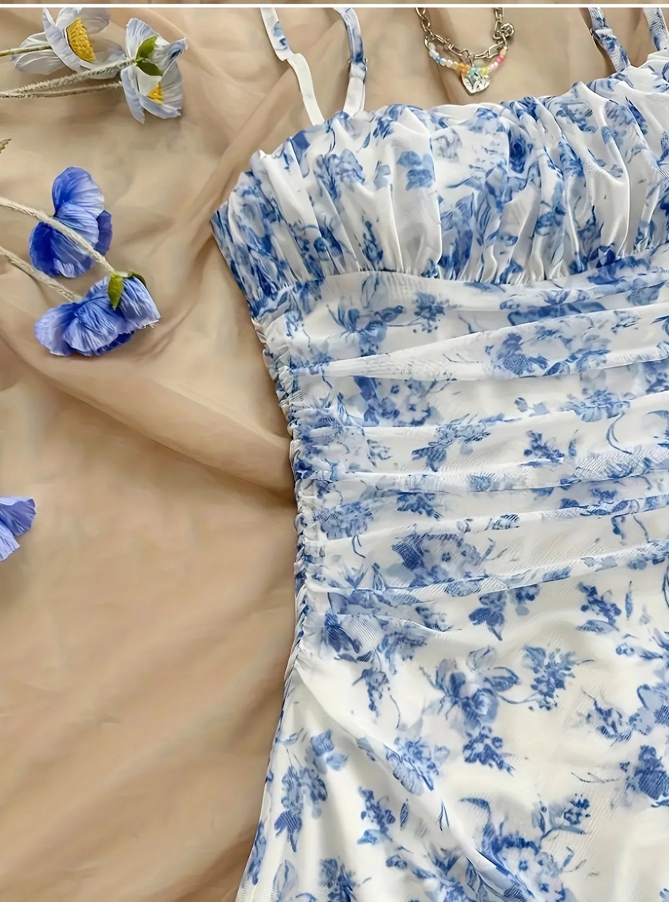 French Style Sweet Empire Waist Floral Strappy Dress Slim Fit Summer Casual Short Skirt