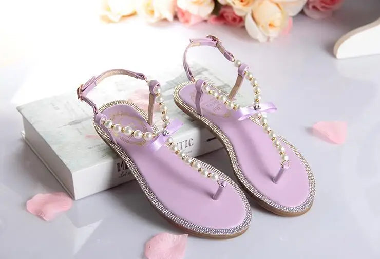 Pearl Sandals women Ladies Summer Bohemia Beach Sandal String Bead Casual Buckle Strap Flat Shoes Open Toe Shoes woman Flip Flop