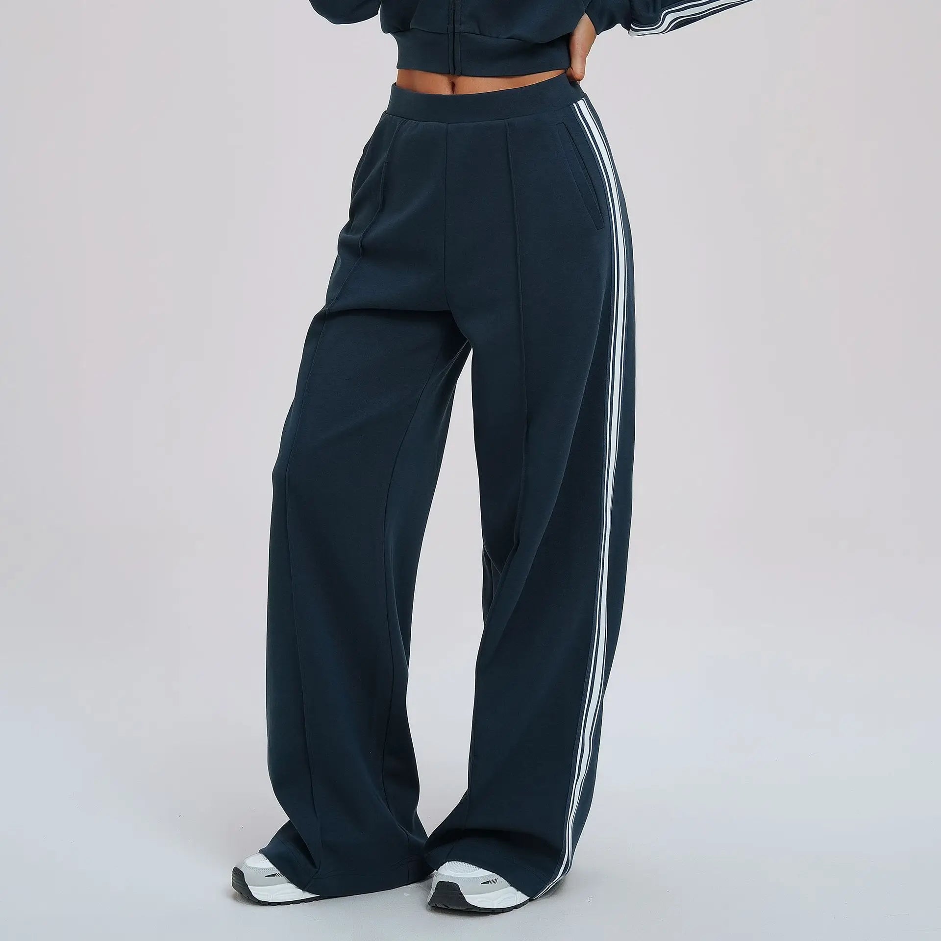 Women Casual Autumn Spring Solid Lace Sports 2-Piece Set Stand Neck Crop Top Full Sleeve High Waist Elastic Waist Pants